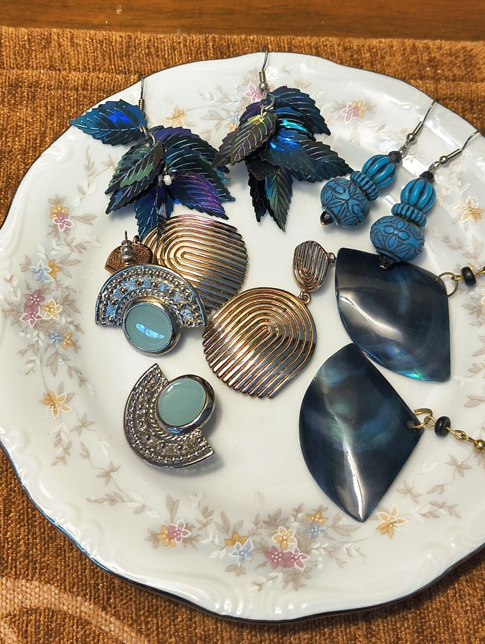 Vtg Lot of 5 Pairs Pierced Earrings Iridescent Blue Gold Silver Enamel Shell NOS